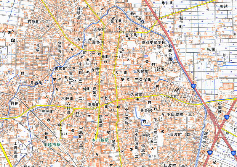 蓮馨寺がある川越市連雀町の周辺（国土地理院HPより）