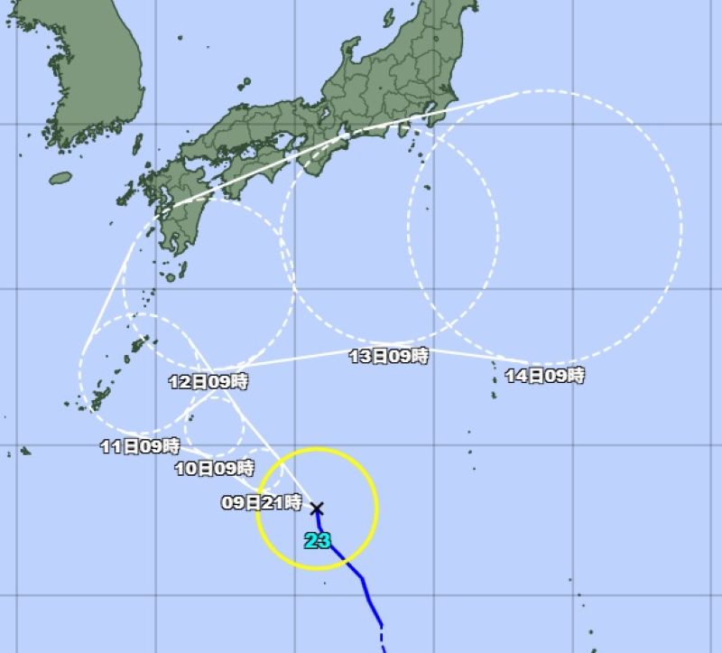 台風23号の予想進路（9日午前9時、気象庁HPから）