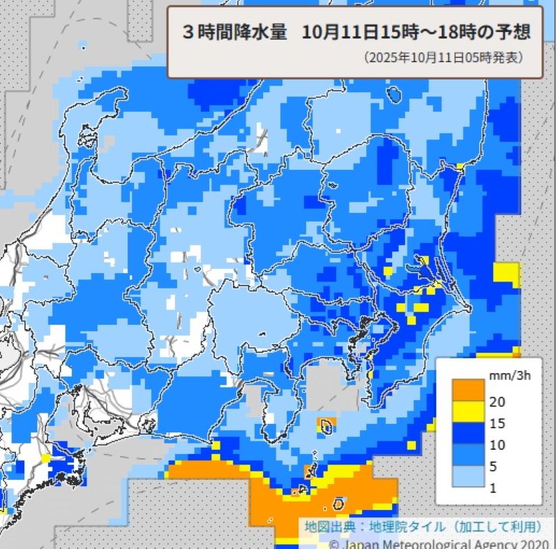 きょう夕方の雨の予想（11日午後3～6時の3時間降水量、気象庁HPから）