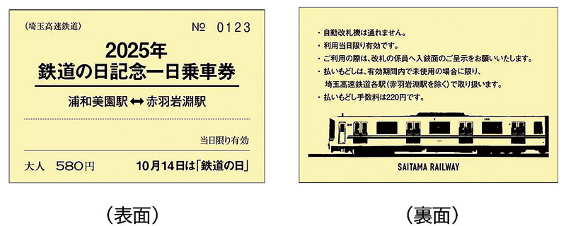 発売される埼玉高速鉄道の「2025年鉄道の日記念一日乗車券」