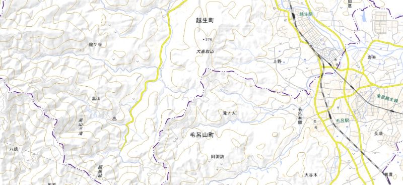 越生町黒山の位置（地図の左側）＝国土地理院HPから