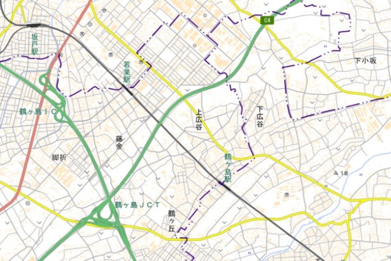 東武東上線若葉駅の位置（中央左）＝国土地理院HPから