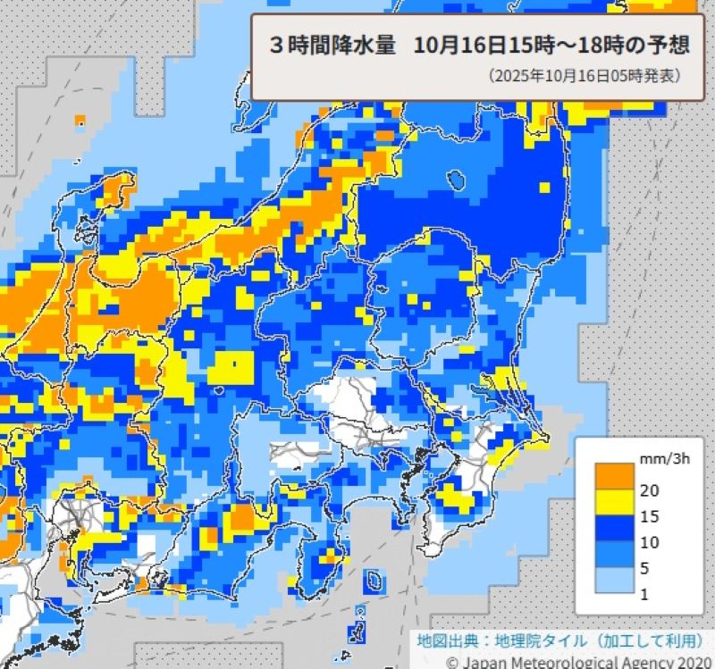きょう夕方の雨の予想（16日午後3時～午後6時の3時間降水量、気象庁HPから）