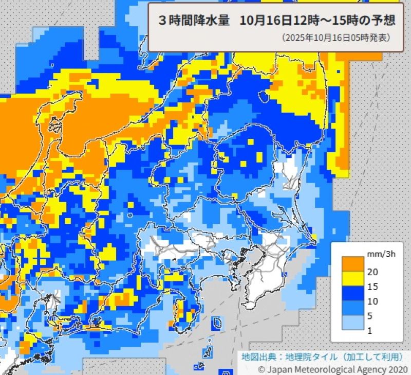 きょう昼過ぎの雨の予想（16日正午～午後3時の3時間降水量、気象庁HPから）
