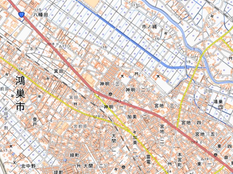 鴻巣市神明3丁目（地図の中央付近）＝国土地理院HPから