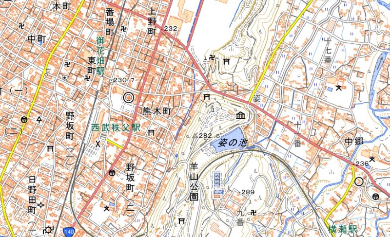横瀬町横瀬の周辺図（国土地理院HPから）