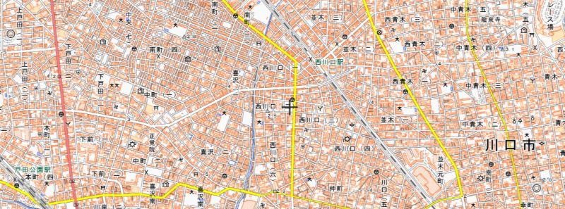 ベルクス西川口店の位置（地図の中央付近）＝国土地理院HPkara