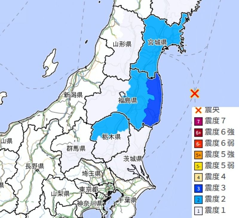 震度分布図（24日午前6時9分ごろ、気象庁HPから）