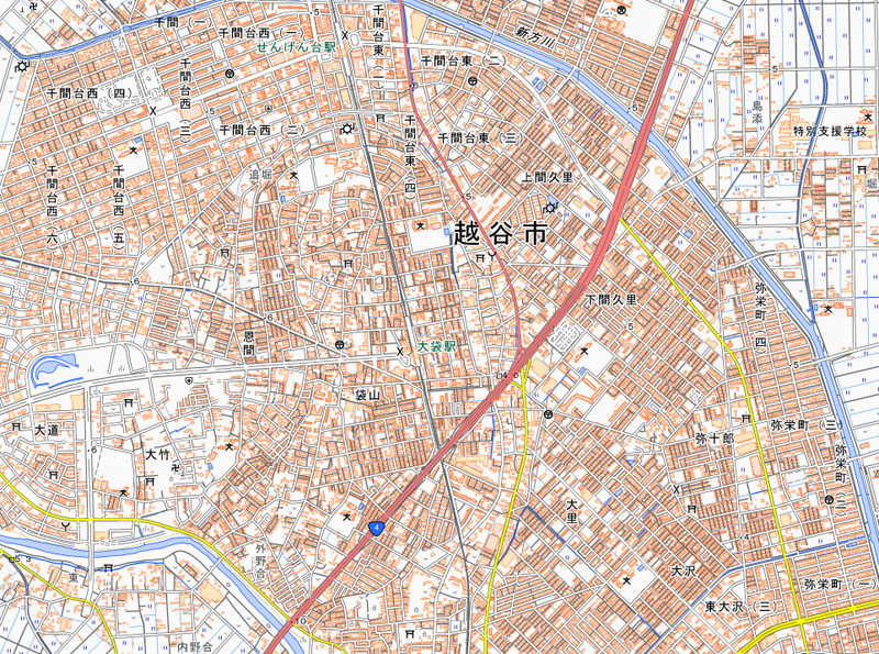 越谷市袋山の周辺（国土地理院HPより）