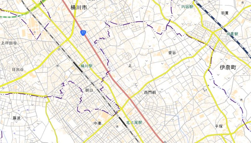 上尾市上の位置（地図の中央付近）＝国土地理院HPから
