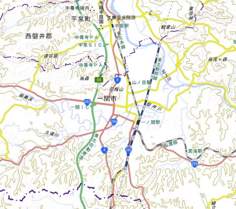 一ノ関駅の位置（国土地理院HPから）