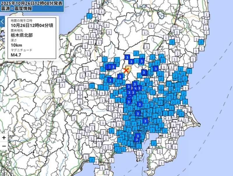 各地の震度（26日午後0時4分、気象庁HPから）