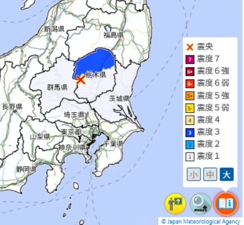 2度目の地震の震源と震度分布（26日午後0時7分ごろ、気象庁HPから）