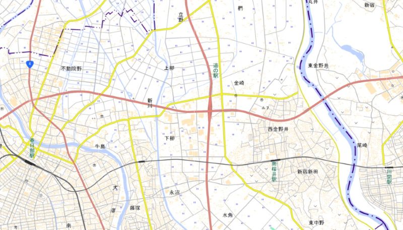 春日部市西金野井の位置（地図の中央右）＝国土地理院HPから