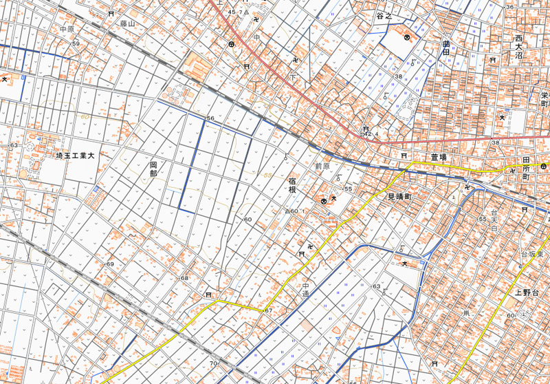 岡部浄水場がある深谷市岡部1086の周辺（国土地理院HPより）