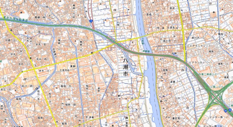 八潮市八條の位置（図の中央上）＝国土地理院HPから