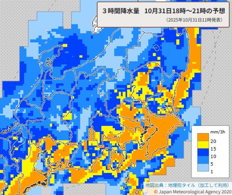 今夜の雨の予想（31日午後6時から同9時の3時間降水量）＝国土地理院HPから