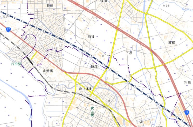 行田市前谷の位置（地図中央上）＝国土地理院HPから