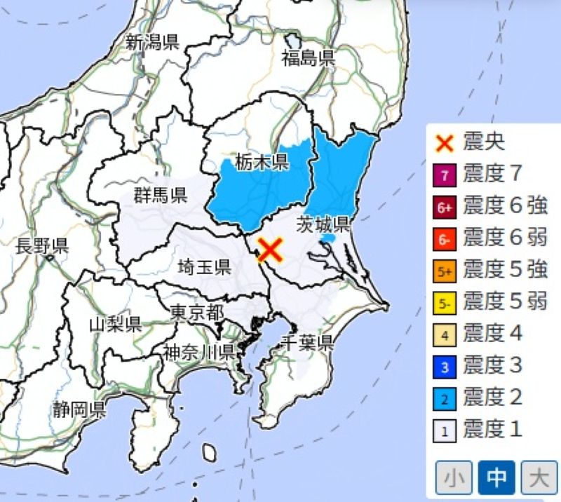 震度分布図（2日午後11時15分ごろ、気象庁HPから）