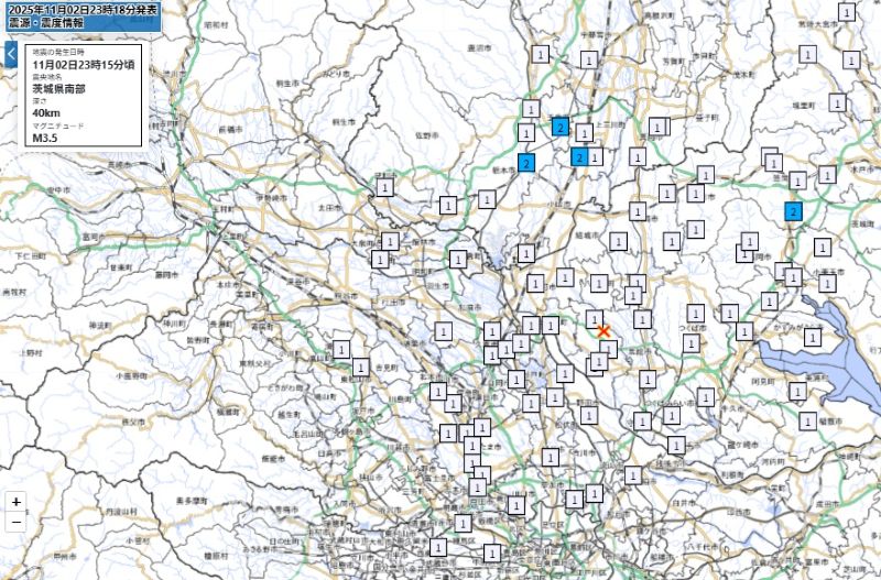 各都市の震度と震源地（2日午後11時15分ごろ、気象庁HPから）