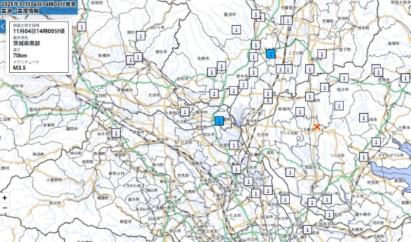 各都市の詳細な震度分布（4日午後2時ごろ、気象庁HPから）