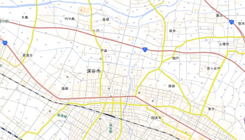 深谷市髙畑の位置（図中央上）＝国土地理院HP