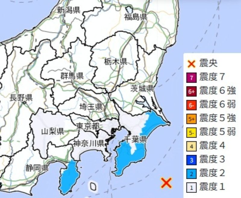 震度分布図（5日午前7時17分ごろ、気象庁HPから）