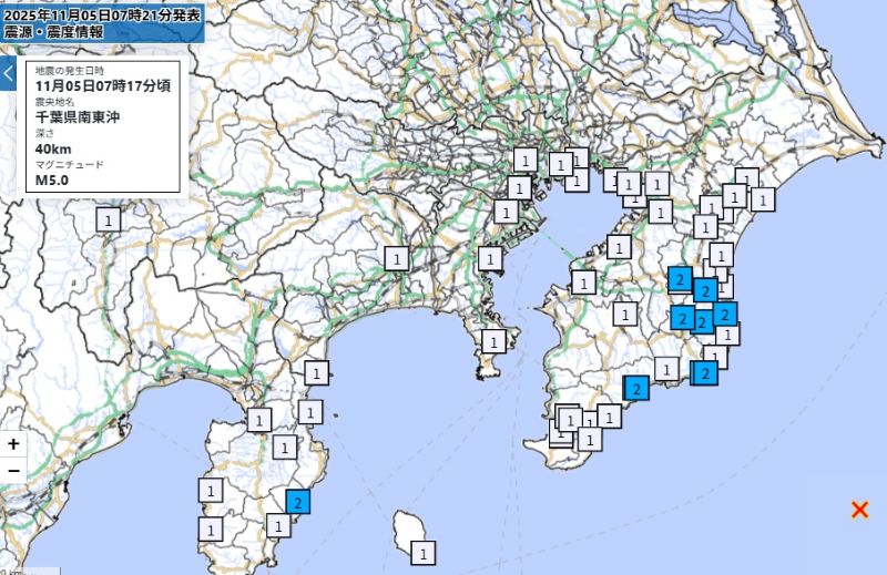 各地の震度（5日午前7時17分ごろ、気象庁HPから）