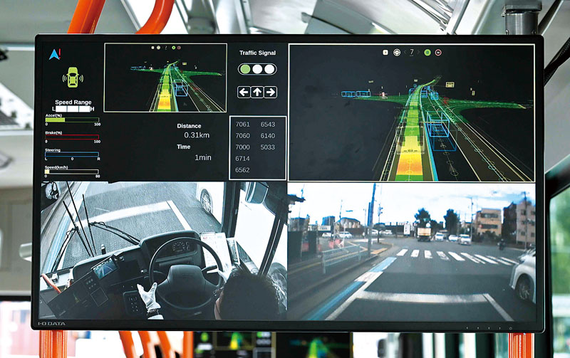 自動運転ソフトウエアが分析した路面状況がモニターに映し出される