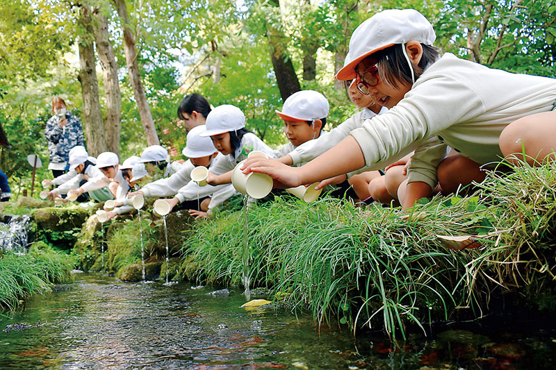 園内の小川にホタルの幼虫を放つ園児ら＝10月29日午前、所沢市荒幡