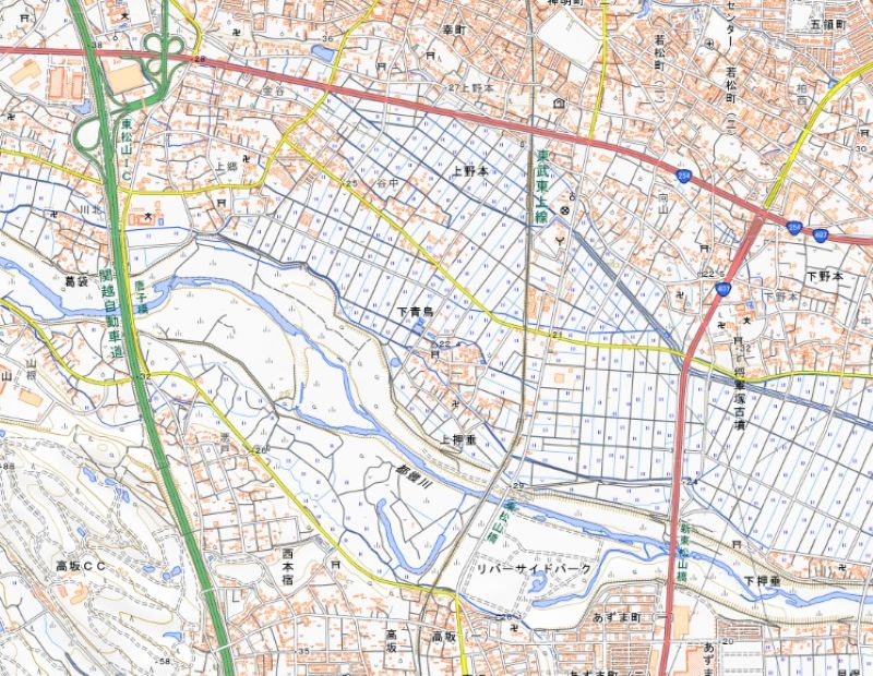 東松山市上押垂の位置（地図中央下）＝国土地理院HPから