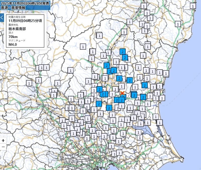 各都市の震度詳細（9日午前6時25分ごろ、気象庁HPから）