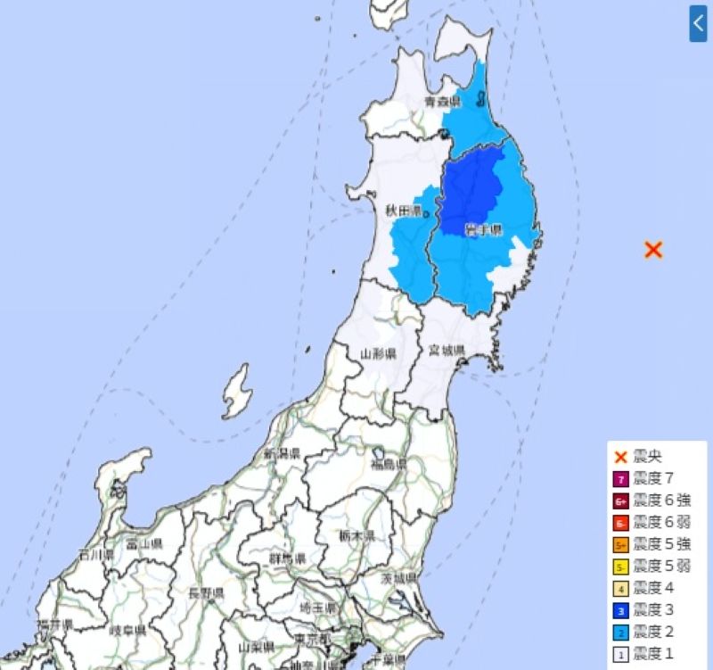 震度分布（9日午前6時4分ごろ、気象庁HPから）