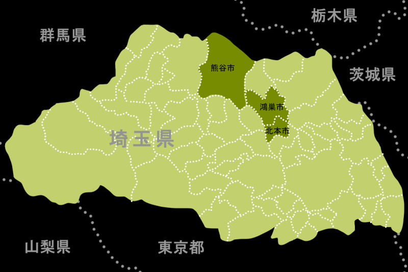 窃盗事件が相次いだ熊谷、北本、鴻巣の位置