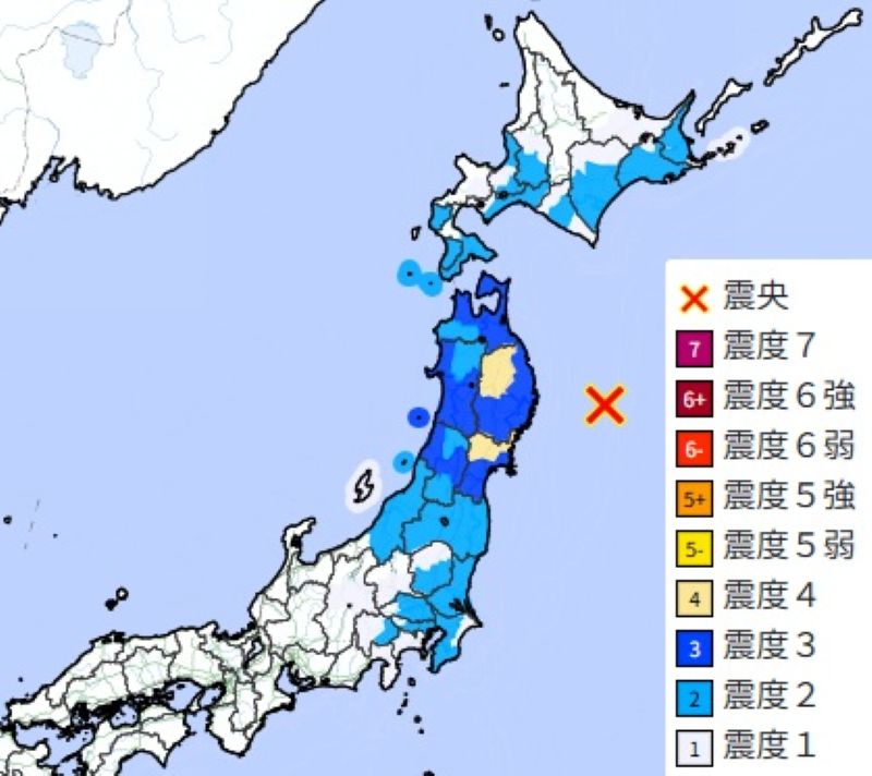 震度分布図（9日午後5時3分ごろ、気象庁HPから）
