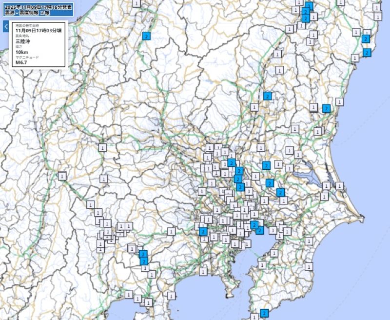 関東各地の震度分布図（9日午後5時3分ごろ、気象庁HPから）