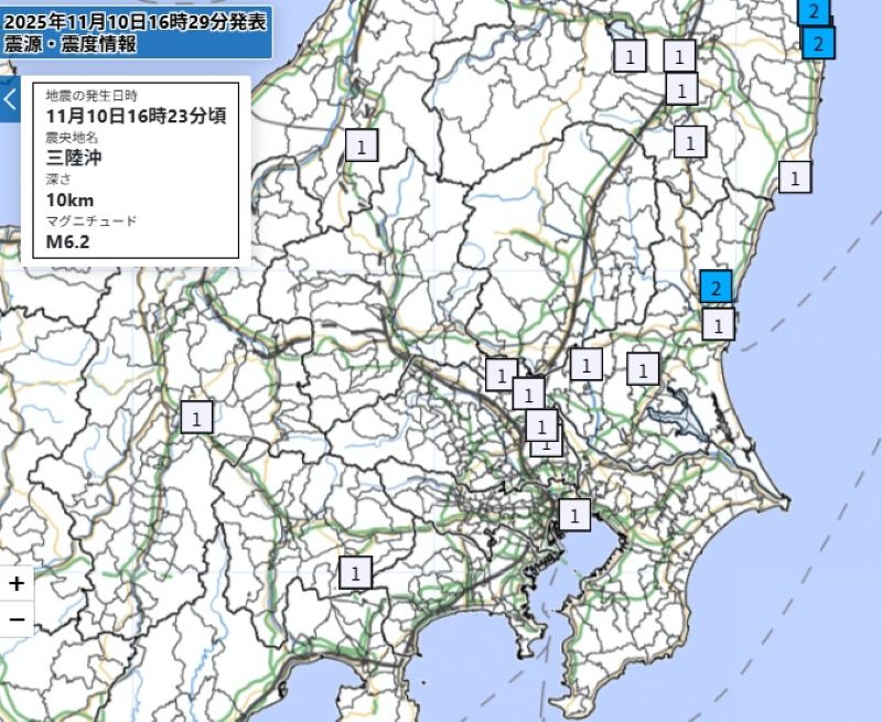 関東各地の震度分布（10日午後4時23分ごろ、気象庁HPから）