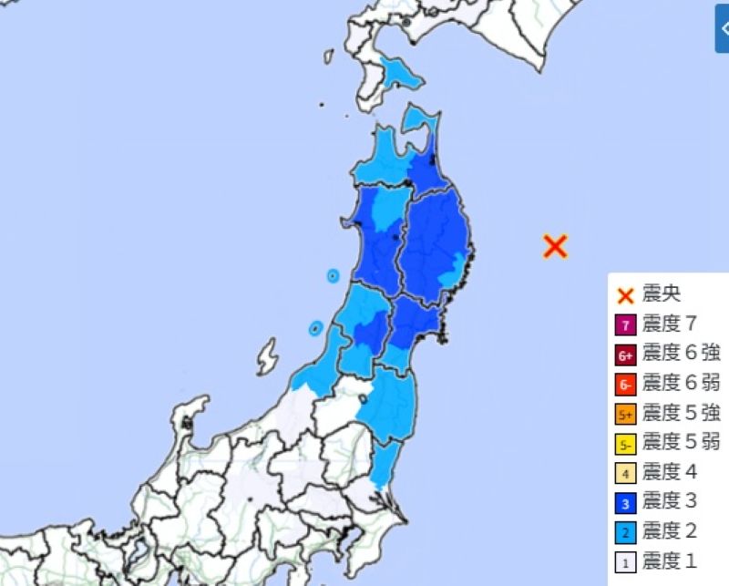震度分布（10日午後4時23分ごろ、気象庁HPから）