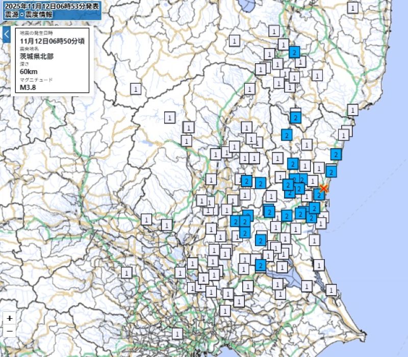 各都市の震度（12日午前6時50分ごろ、気象庁HPから）
