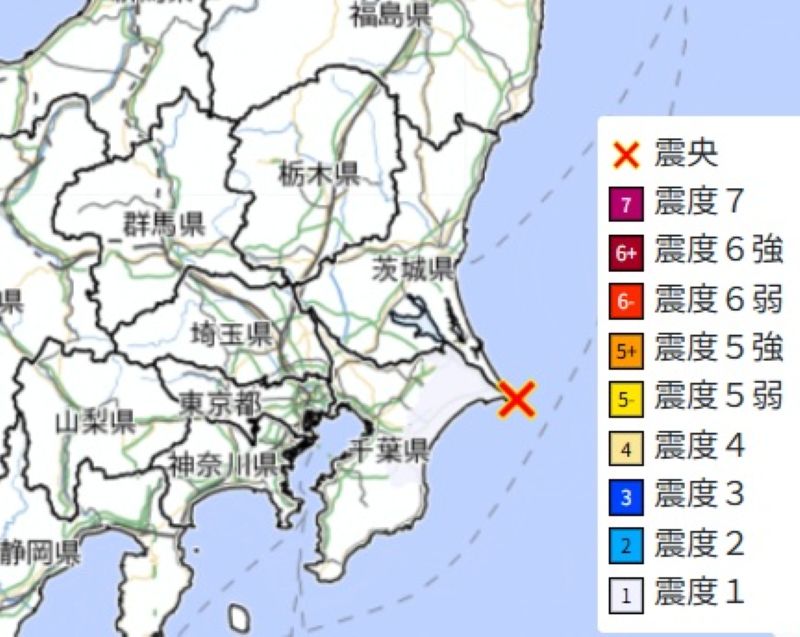 震源地と震度分布（2）＝12日午前6時12分ごろ、気象庁HPから