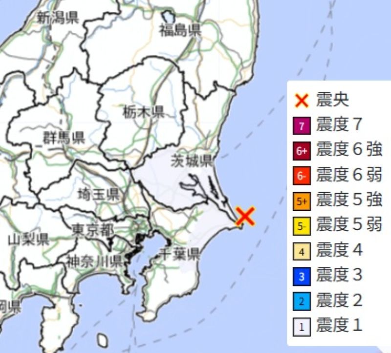 震源地と震度分布（3）＝12日午前6時13分ごろ、気象庁HPから