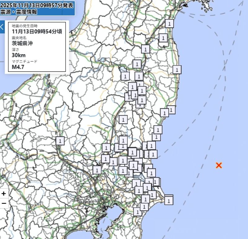 各地の震度（13日午前9時54分ごろ、気象庁HPから）