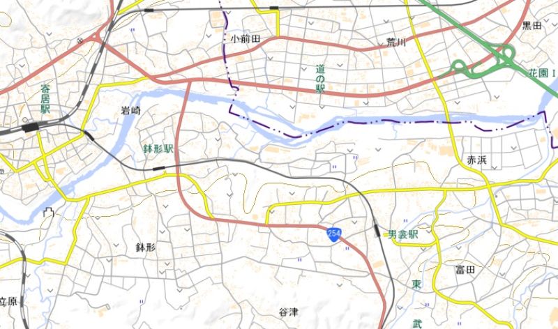 男衾―鉢形間の周辺図（国土地理院HPから）