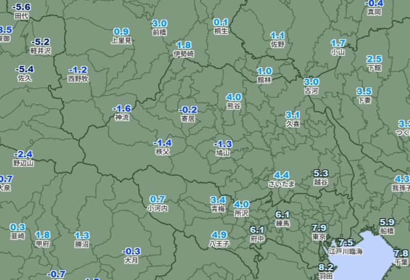 20日午前6時の埼玉県各地の気温（気象庁HPから）