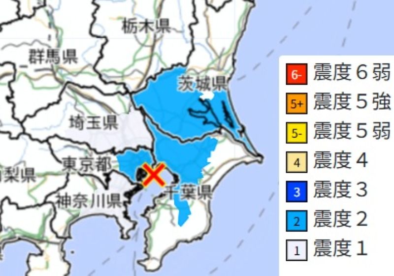 震度分布図（21日午後0時24分ごろ、気象庁HPから）