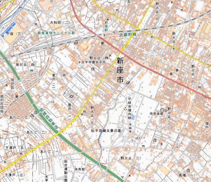 新座市野火止2丁目、4丁目、6丁目の位置（国土地理院HPから）