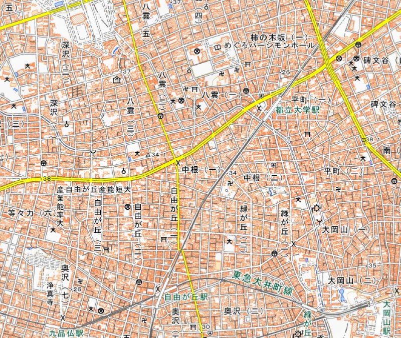 東急東横線の都立大学―自由が丘間の位置（国土地理院HPから）