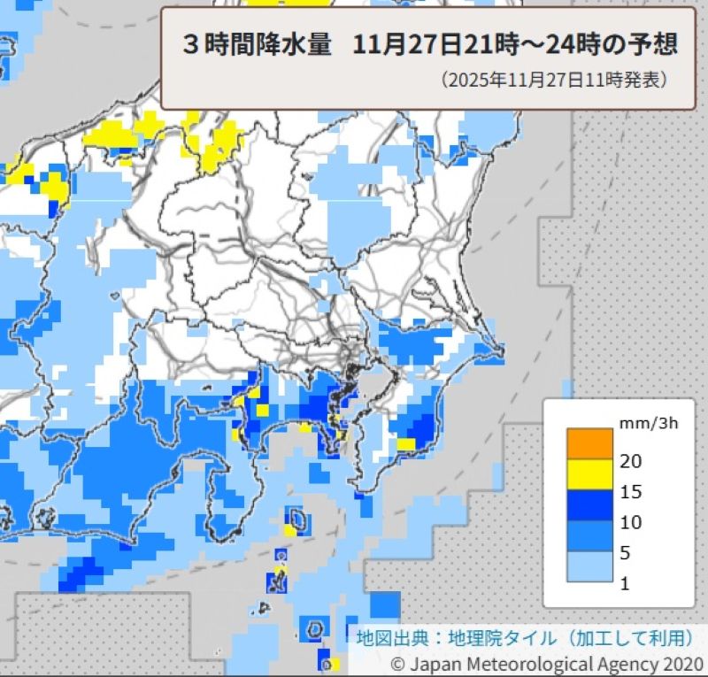 今夜の雨の予想（27日午後9時～28日午前0時）＝気象庁HPから