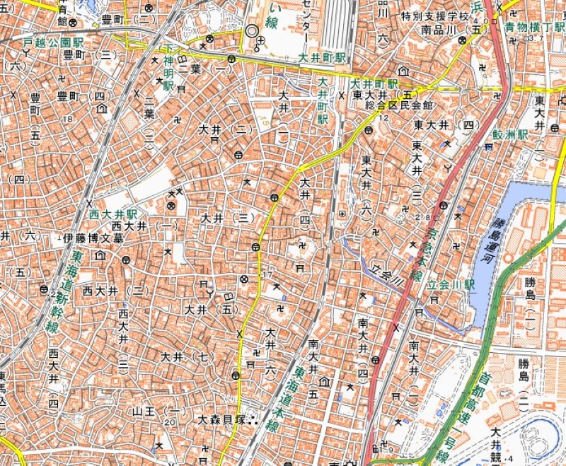 東京都品川区大井6丁目の位置（地図中央下）＝国土地理院HPから
