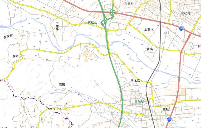 東松山市西本宿、神戸の位置（国土地理院HPから）